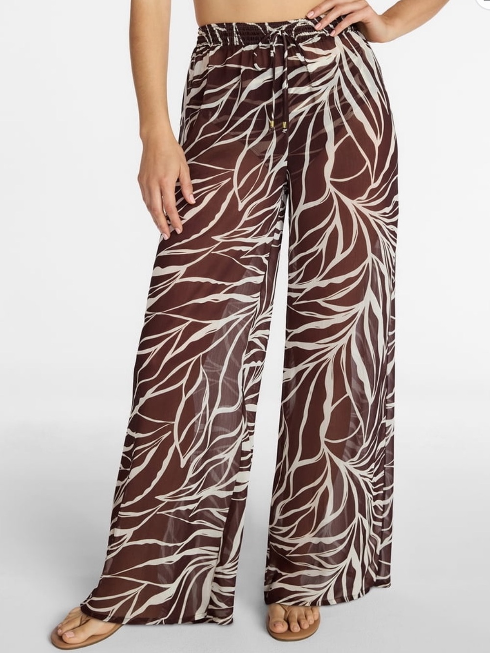 Time and Tru Brown and Cream Leaf-Print Wide-Leg Swim Coverup Pants